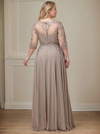 Vestido de gasa con encaje y lentejuelas para madre de la novia, corte A, escote ilusión, largo hasta el suelo