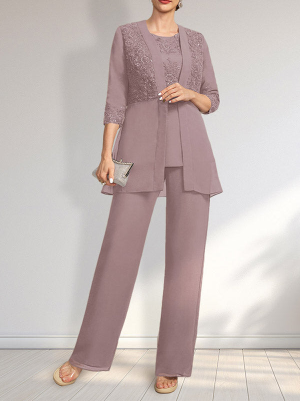 Jumpsuit/Pantsuit Separates Scoop Floor-Length Chiffon Lace Mother of the Bride Dress With Sequins