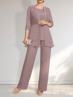 Jumpsuit/Pantsuit Separates Scoop Floor-Length Chiffon Lace Mother of the Bride Dress With Sequins