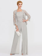 3-teiliger Chiffon-Hosenanzug mit quadratischem Ausschnitt und Jacke für die Mutter der Braut 