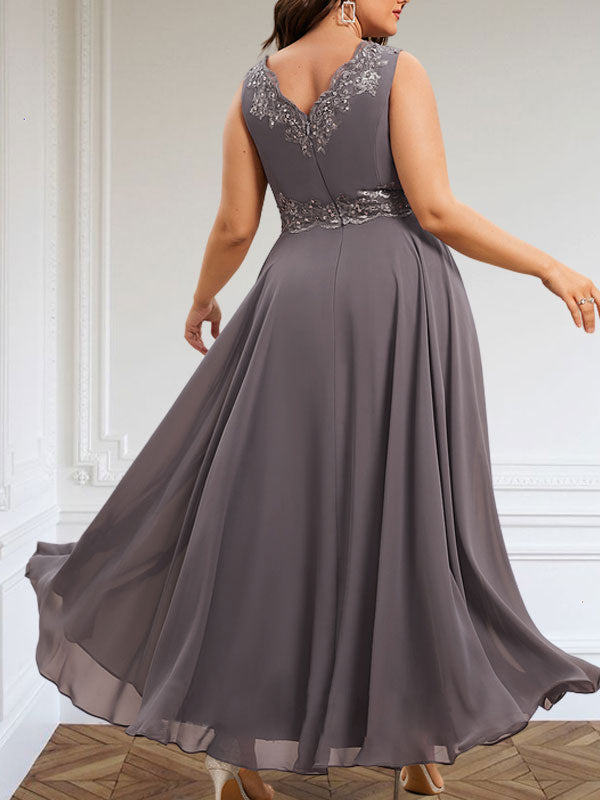 Vestido de gasa para madre de la novia, corte A, escote en V, largo hasta los tobillos, con apliques de lentejuelas, encaje y cuentas