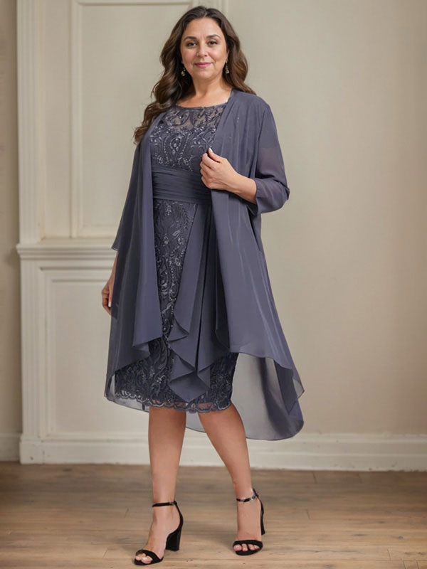 Vestido de madre de la novia de gasa con encaje, escote redondo, ilusión, largo hasta la rodilla, con volantes en cascada y lentejuelas