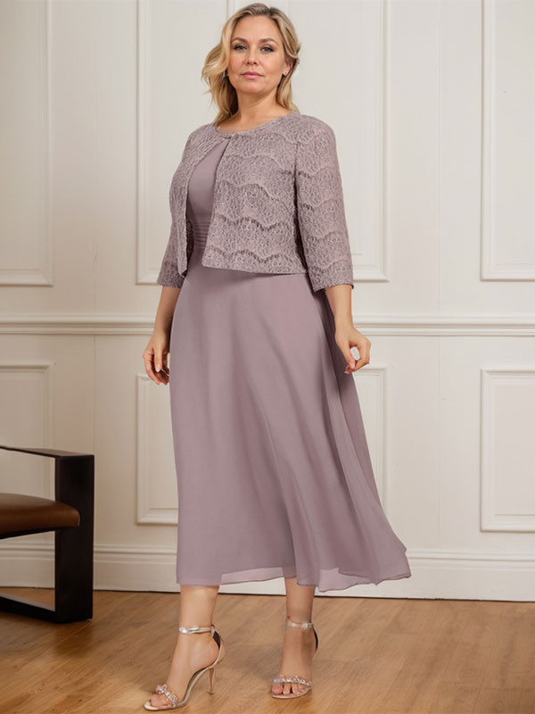 Vestido de gasa para madre de la novia con corte en A, escote redondo y largo hasta la rodilla con pliegues