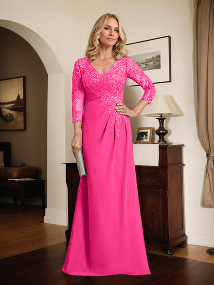 Etui-/Säulen-Kleid mit V-Ausschnitt, bodenlangem Illusion-Spitzen-Chiffon und plissierten Pailletten 