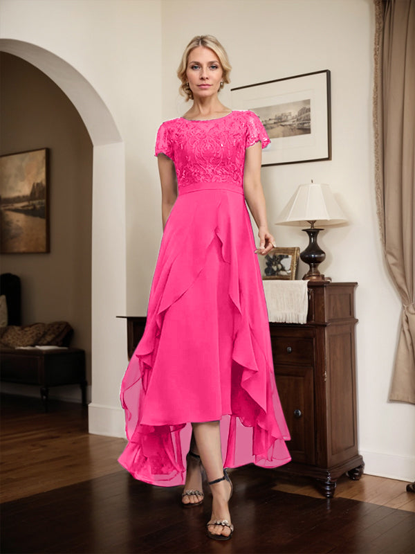 Vestido de madre de la novia de gasa asimétrica con escote en A, ilusión, encaje, lazo, volante y lentejuelas
