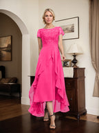 Vestido de madre de la novia de gasa asimétrica con escote en A, ilusión, encaje, lazo, volante y lentejuelas