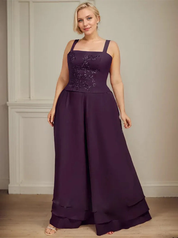 Vestido de madre de la novia de gasa con encaje y lentejuelas, largo hasta los tobillos, con mono/pantalón separado