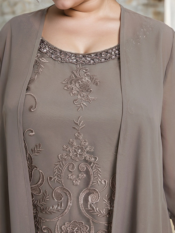 Vestido de madre de la novia de gasa con encaje, escote redondo y lentejuelas y mono/pantalón separado