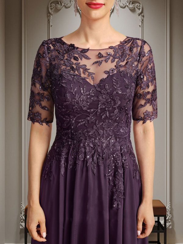Vestido de madre de la novia de gasa asimétrica con encaje, ilusión, corte A y lentejuelas