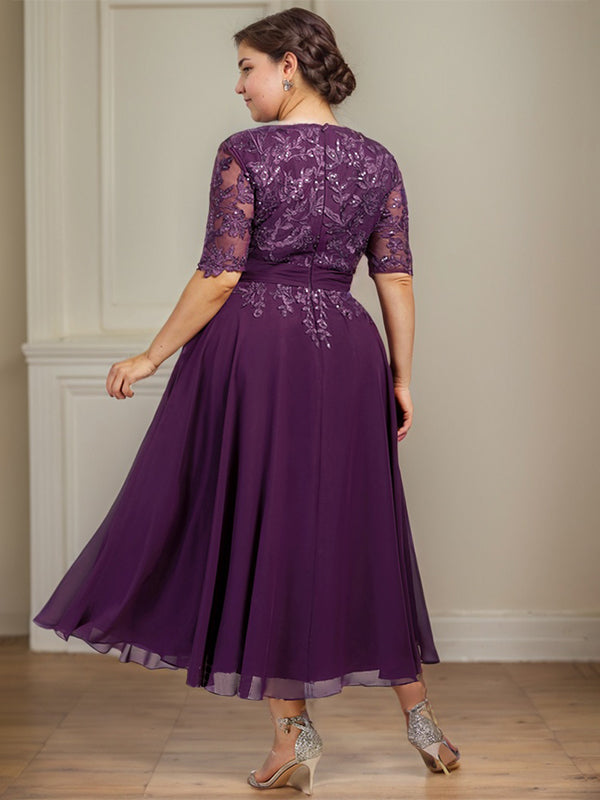 Vestido de gasa con encaje y lentejuelas para madre de la novia, corte A, escote en V y largo hasta la rodilla