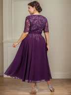 Vestido de gasa con encaje y lentejuelas para madre de la novia, corte A, escote en V y largo hasta la rodilla