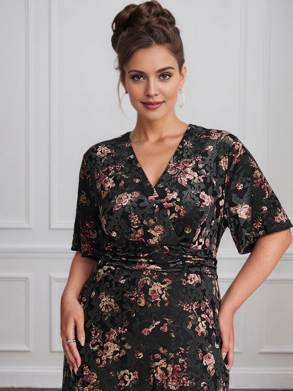 Vintage Plain V-Neck Short Sleeves Velvet Tea-Length Mother of the Bride Dress With Slit