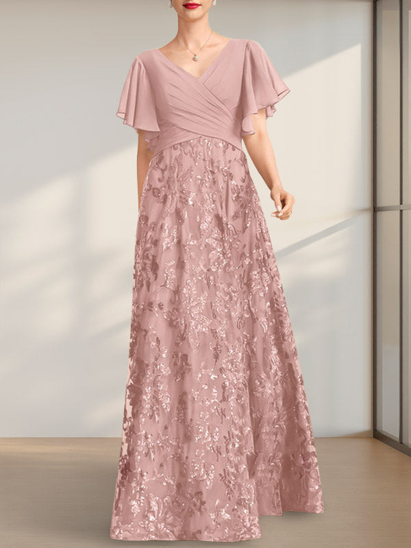 Vestido de madre de la novia de gasa con lentejuelas, encaje, escote en V y largo hasta el suelo, con pliegues