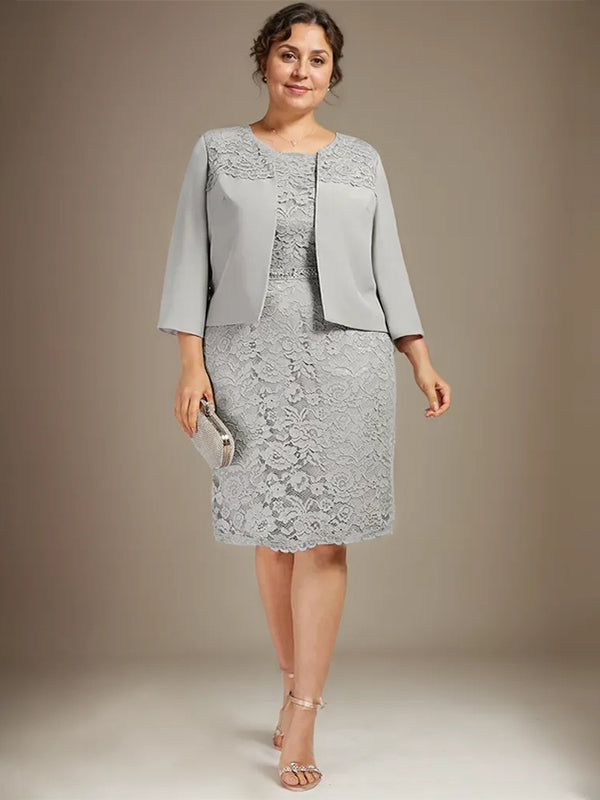 Vestido de gasa con encaje y cuentas para madre de la novia, largo hasta la rodilla, con escote redondo y corte columna