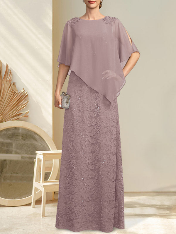 Vestido de madre de la novia de gasa con encaje, escote redondo y largo hasta el suelo, con lentejuelas y abalorios