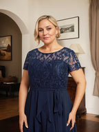 Vestido de madre de la novia de gasa asimétrica con escote en A, ilusión, encaje, lazo, volante y lentejuelas