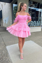 Lindos vestidos de fiesta de tul con plumas en forma de A en color rosa