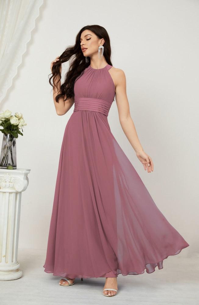 Vestido formal de fiesta Sunnderly de gasa con cuello halter, largo y sin mangas, para dama de honor SY2802 