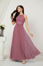 Vestido formal de fiesta Sunnderly de gasa con cuello halter, largo y sin mangas, para dama de honor SY2802 