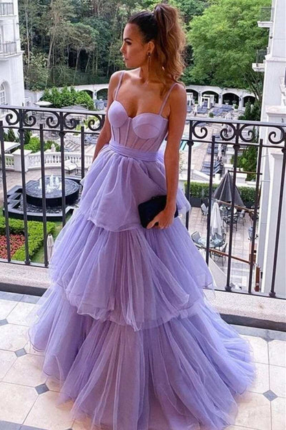 Kaylee | Langes A-Linien-Ballkleid aus Tüll mit Stufen und Rüschen