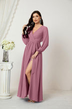 Vestidos de noche Sunnderly con escote en V profundo, gasa, para dama de honor, manga larga de obispo, abertura lateral, vestido formal SY2806 