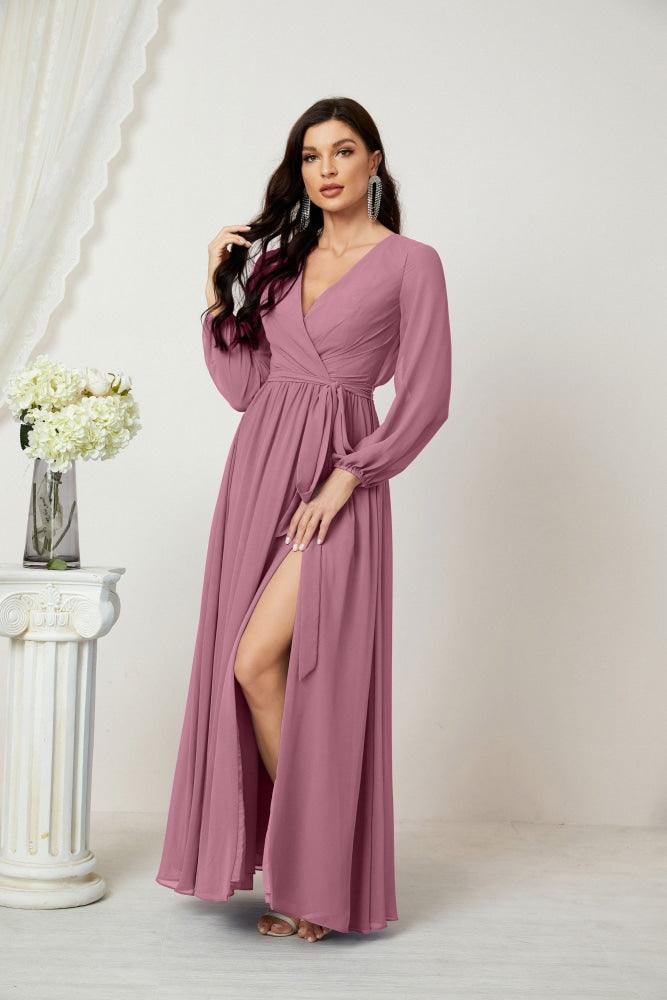 Vestidos de noche Sunnderly con escote en V profundo, gasa, para dama de honor, manga larga de obispo, abertura lateral, vestido formal SY2806 