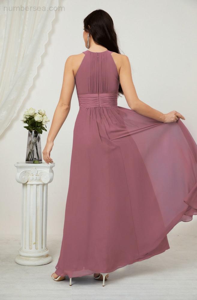 Vestido formal de fiesta Sunnderly de gasa con cuello halter, largo y sin mangas, para dama de honor SY2802 
