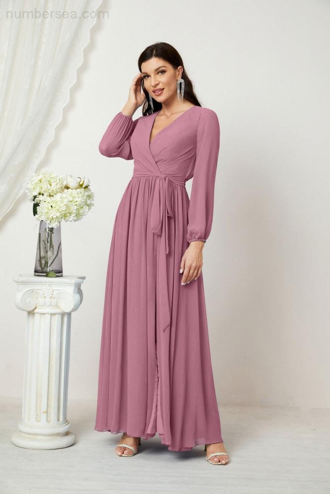 Vestidos de noche Sunnderly con escote en V profundo, gasa, para dama de honor, manga larga de obispo, abertura lateral, vestido formal SY2806 