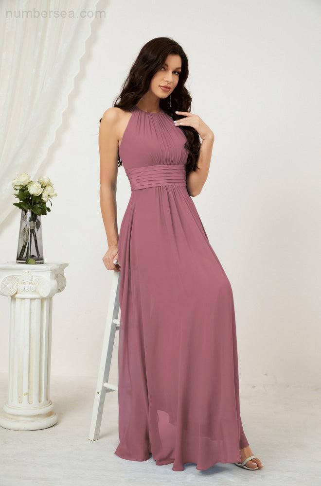 Vestido formal de fiesta Sunnderly de gasa con cuello halter, largo y sin mangas, para dama de honor SY2802 