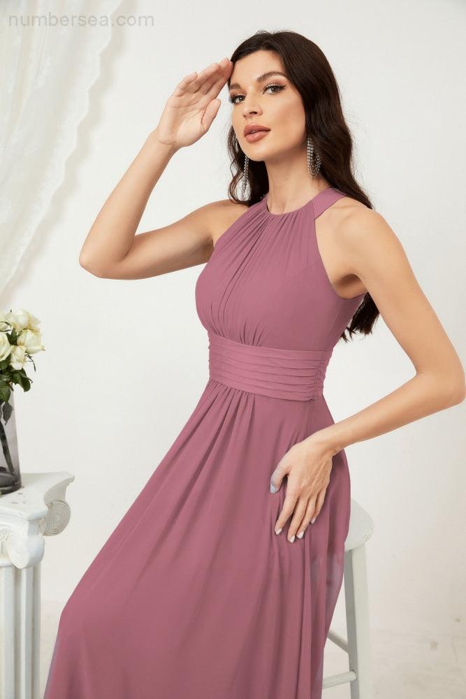 Vestido formal de fiesta Sunnderly de gasa con cuello halter, largo y sin mangas, para dama de honor SY2802 