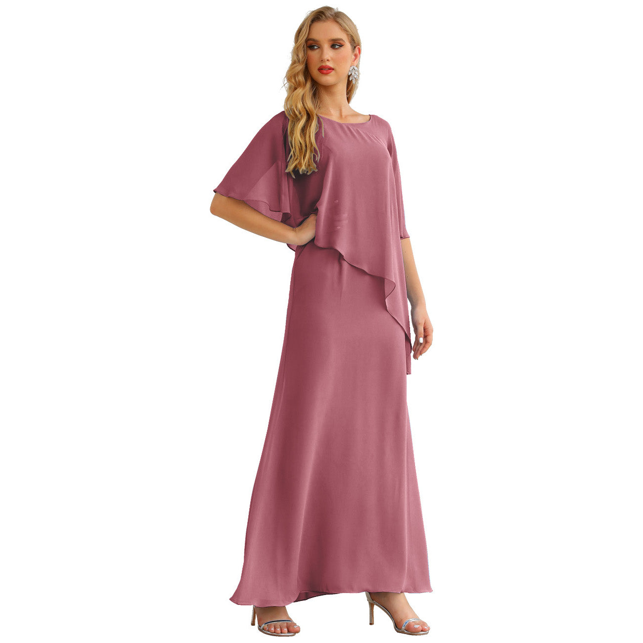 Sunnderly Chiffon Plus Size Mother of The Bride Dresses Formal Prom Gown Ruffle Cape