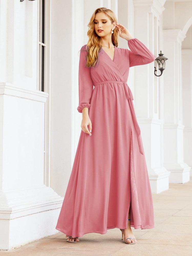 Sunnderly Women's Chiffon Bridesmaid Dress A line Long Sleeves Formal Evening Prom Gown for Wedding Guest SY28032