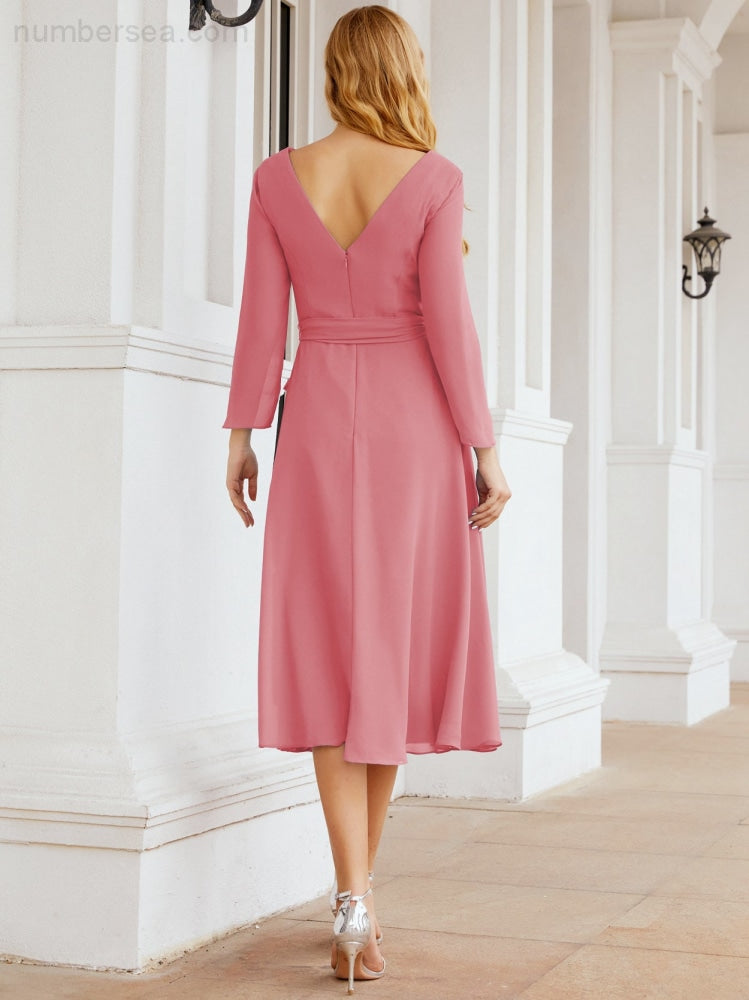 Vestido de dama de honor con escote en V y cinturón para madre de la novia, invitada de boda SY28031 