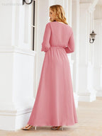 Sunnderly Women's Chiffon Bridesmaid Dress A line Long Sleeves Formal Evening Prom Gown for Wedding Guest SY28032