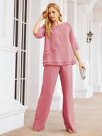 Elegante vestido de dos piezas para madre de la novia, talla grande, pantalón, capas con volantes, bata plateada SY28064 
