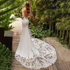 Elegante vestido de novia de sirena, blanco, escote en V, encaje, espalda abierta, tirantes finos, cola larga 