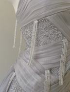 Vestido de fiesta elegante de tul morado con lentejuelas y borlas, corte en A, Y8586