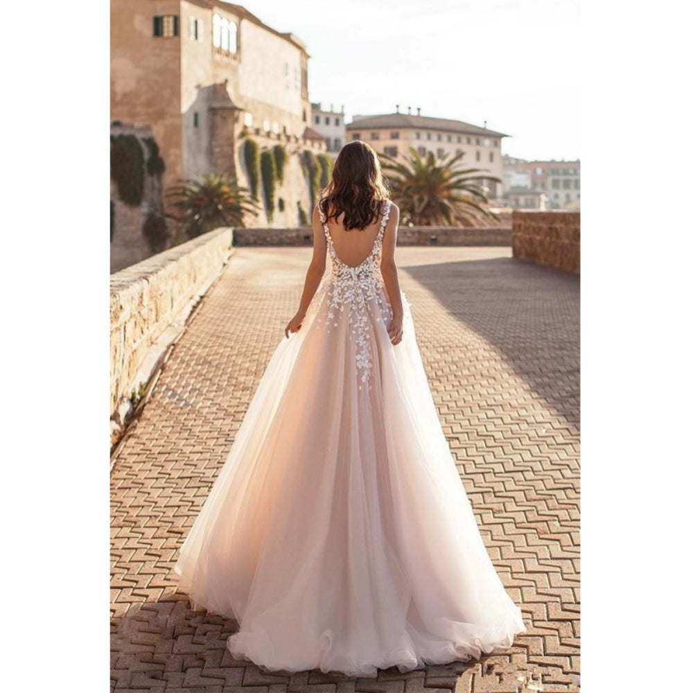Wedding Dresses Beach Wedding Women Sexy V Large Decal 3D Flower Tulle Sleeveless Bridal Gowns Vestido De Novia Robe Mariée-payinti