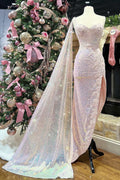 Vestido de fiesta de encaje con lentejuelas rosas, escote en forma de corazón, corte alto bajo y cola incorporada