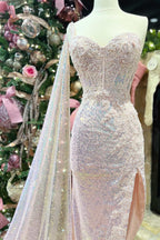 Vestido de fiesta de encaje con lentejuelas rosas, escote en forma de corazón, corte alto bajo y cola incorporada