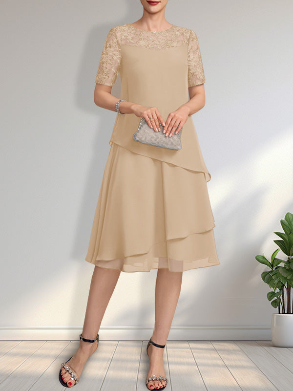 Vestido de gasa con encaje y lentejuelas para madre de la novia, corte A, escote ilusión, largo hasta la rodilla