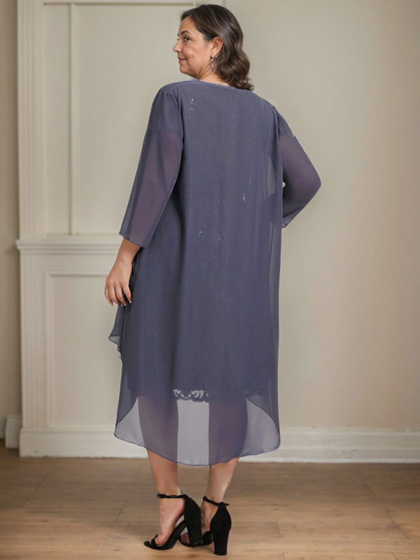Vestido de madre de la novia de gasa con encaje, escote redondo, ilusión, largo hasta la rodilla, con volantes en cascada y lentejuelas