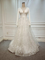 Vestido de novia elegante de corte A con mangas largas y escote en V para playa WD551