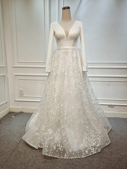 A Line Elegant Long Sleeves V Neck Beach Wedding Dress Bridal Gown  WD551