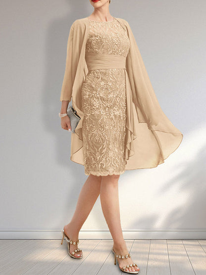 Vestido de madre de la novia de gasa con encaje, escote redondo, ilusión, largo hasta la rodilla, con volantes en cascada y lentejuelas