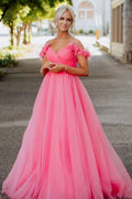 Vestido de fiesta largo color coral con hombros descubiertos