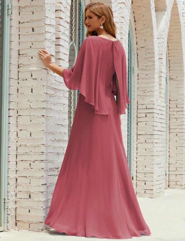 Vestido de dama de honor Sunnderly para mujer, de gasa, manga larga y cuello en V, vestido formal para boda o fiesta SY28018 