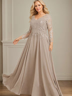 A-Linie V-Ausschnitt Bodenlanges Spitzen-Chiffon-Kleid für die Brautmutter mit Pailletten 