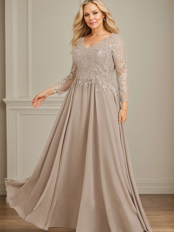 A-Linie V-Ausschnitt Bodenlanges Spitzen-Chiffon-Kleid für die Brautmutter mit Pailletten 