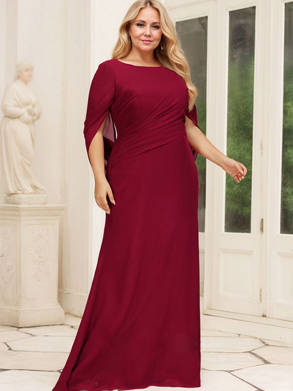Vestido de madre de la novia de gasa con escote barco, corte trompeta/sirena, largo hasta el suelo, con pliegues